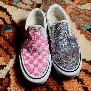 Vans Sequin Slip-On Checkered Shoes - Pink Silver White